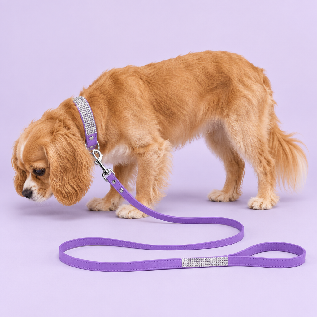 Apricot spaniel mix wearing the purple collar and leash