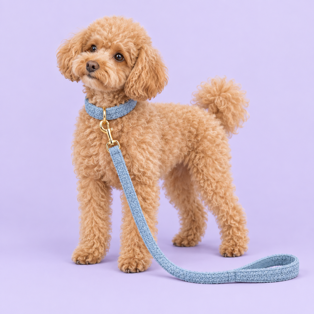 Apricot toy Poodle in blue teddy-fleece set