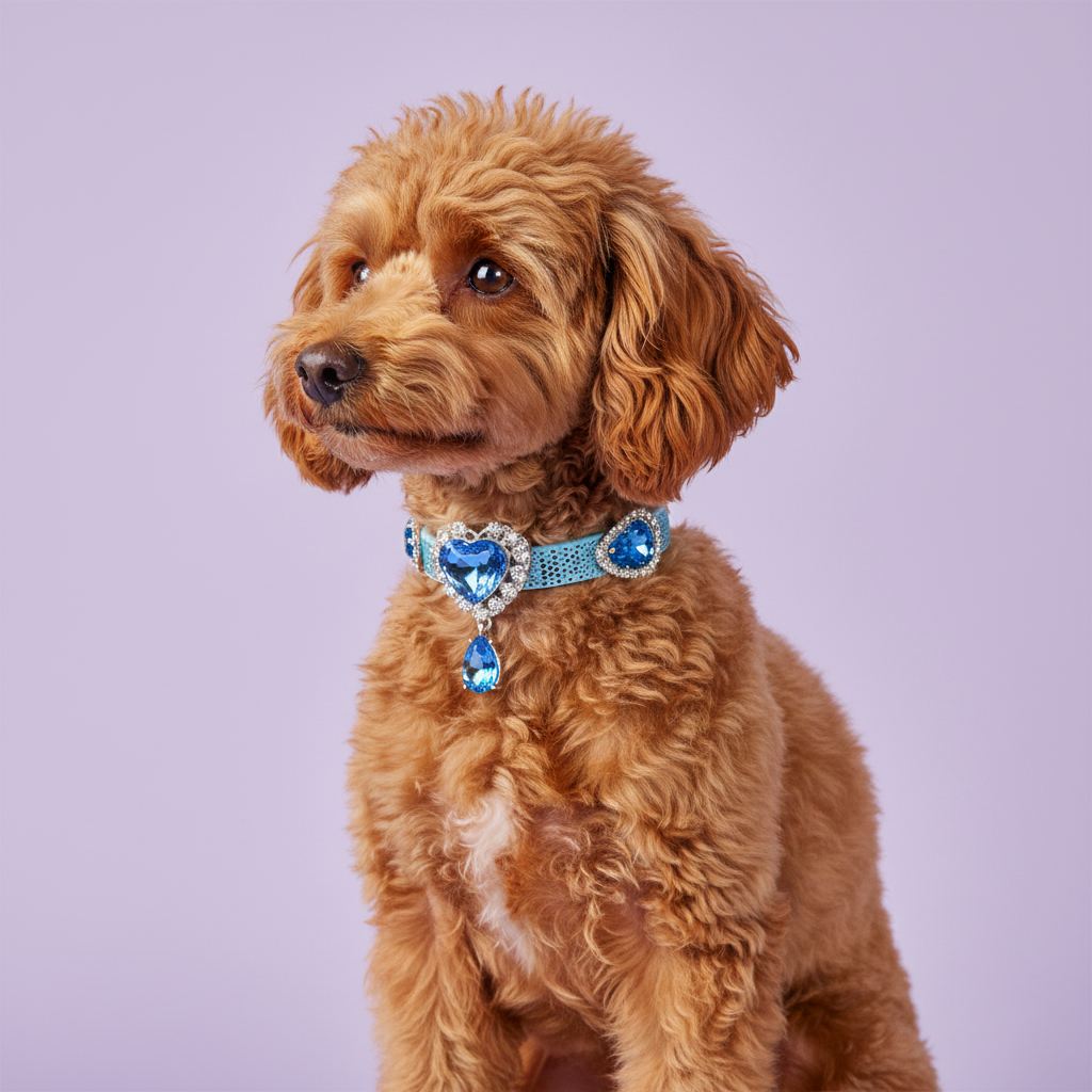 Apricot Toy Poodle in the blue heart dangle collar