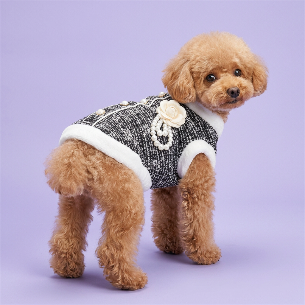Apricot toy poodle looking back in the tweed jacket