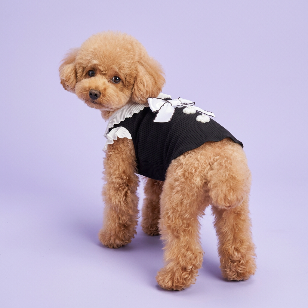 Apricot toy poodle showing the bow and flower details