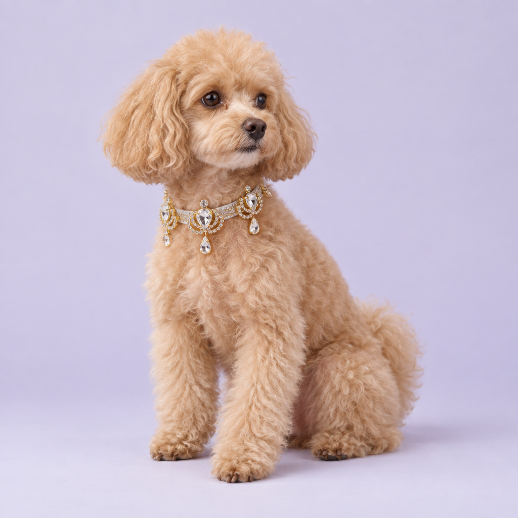 Apricot toy poodle sitting in a three-quarter pose