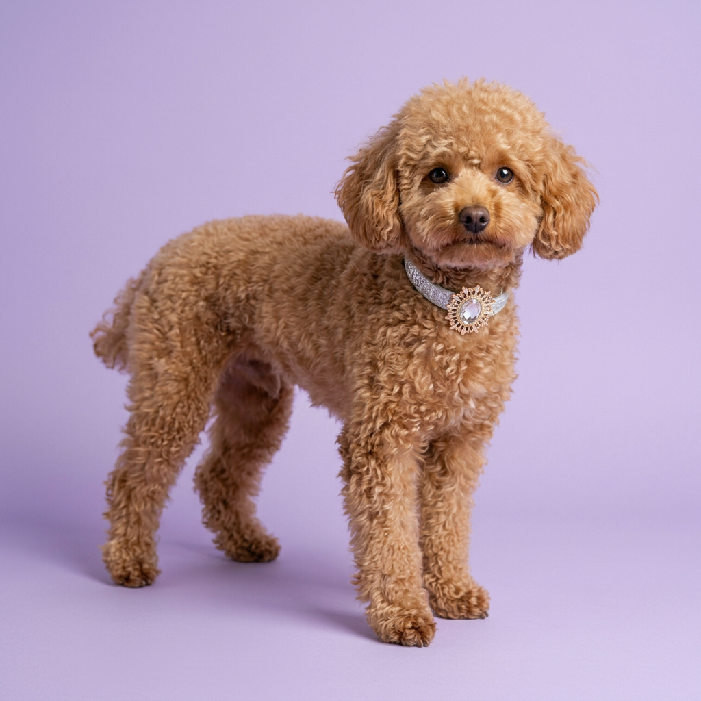 Apricot toy poodle standing diagonally