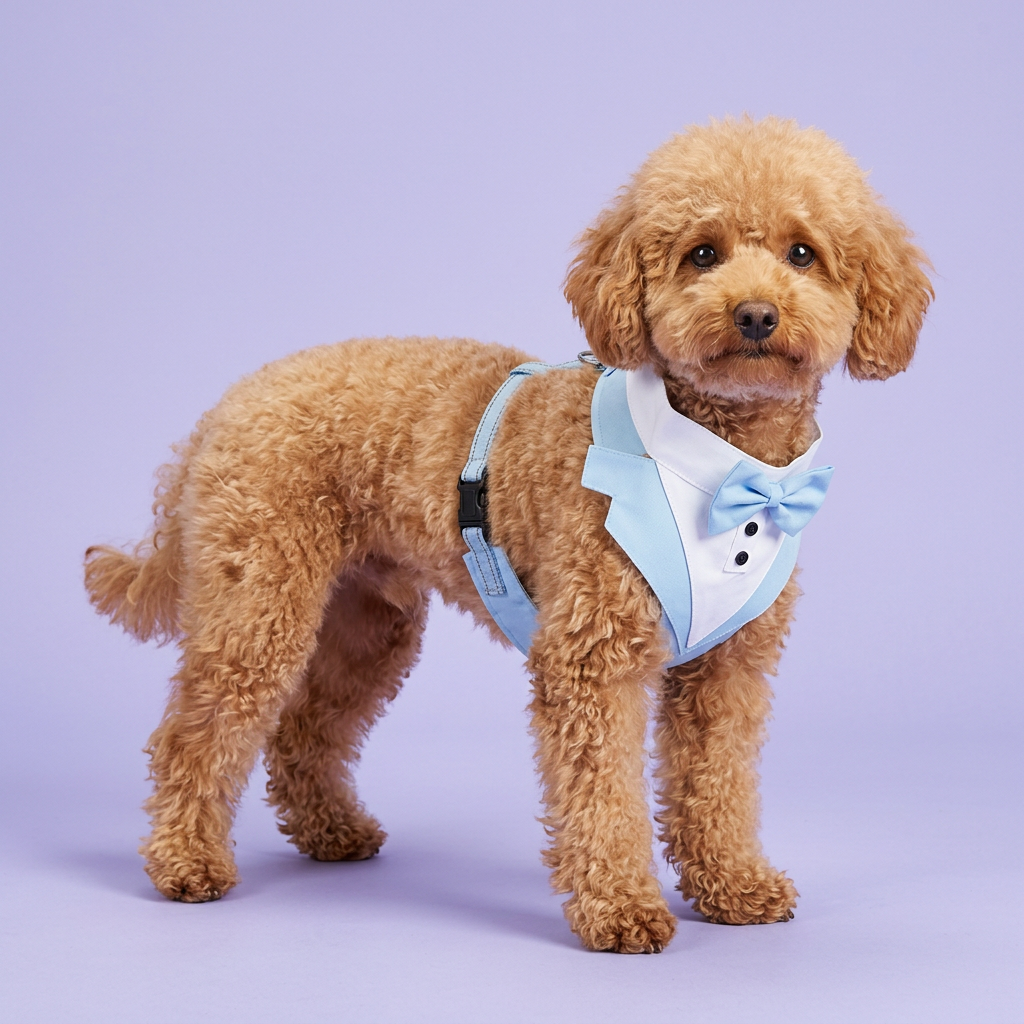 Apricot toy poodle standing in the light-blue tuxedo harness