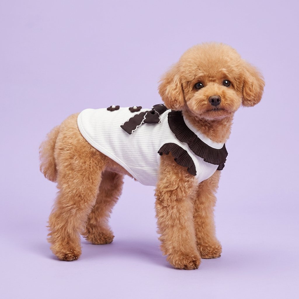 Apricot toy poodle standing in the ruffled white top