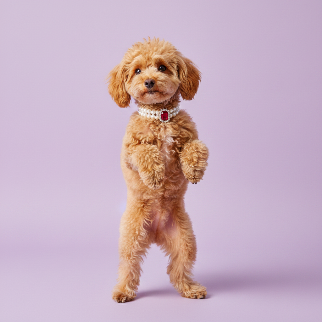 Apricot Toy Poodle standing on its hind legs and wearing a pearl collar with a red gemstone pendant against a lavender background