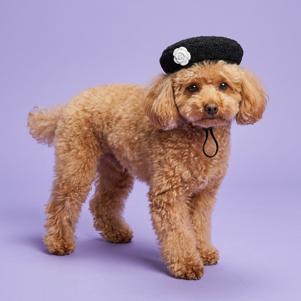 Apricot toy poodle stepping forward in the black beret