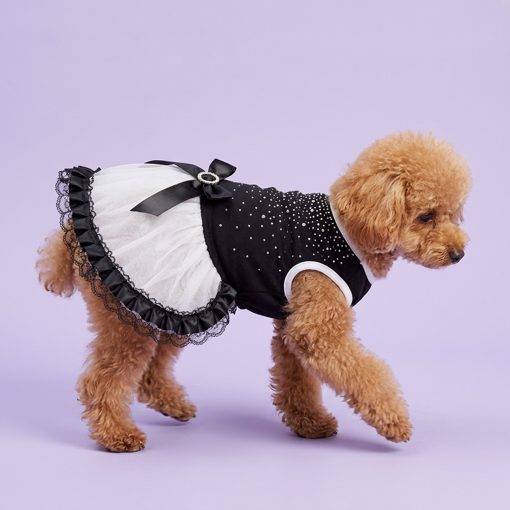 Apricot toy poodle stepping in the lace-edged dress