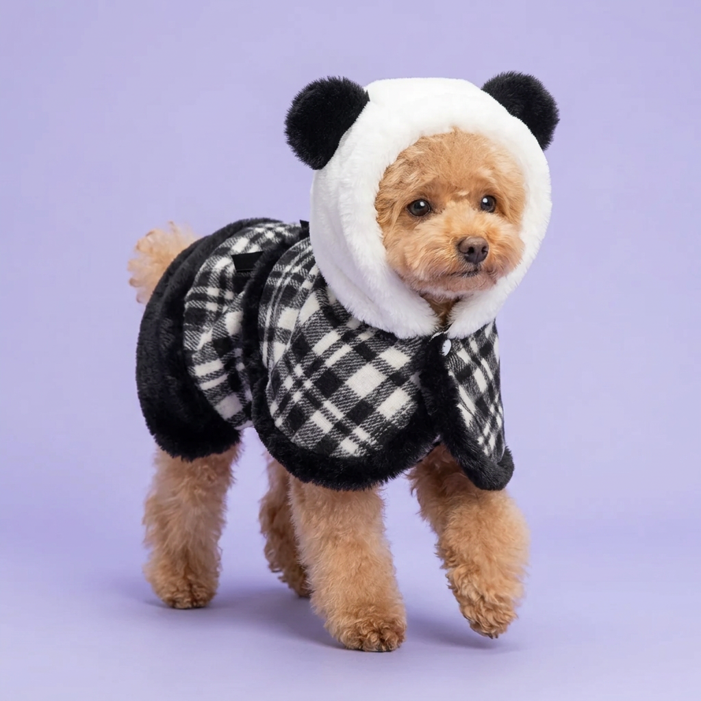 Apricot toy poodle stepping in the panda-hood set