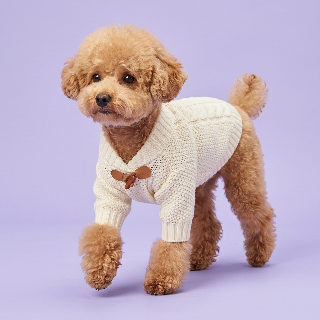 Apricot toy poodle taking a gentle step in the cream sweater on lavender