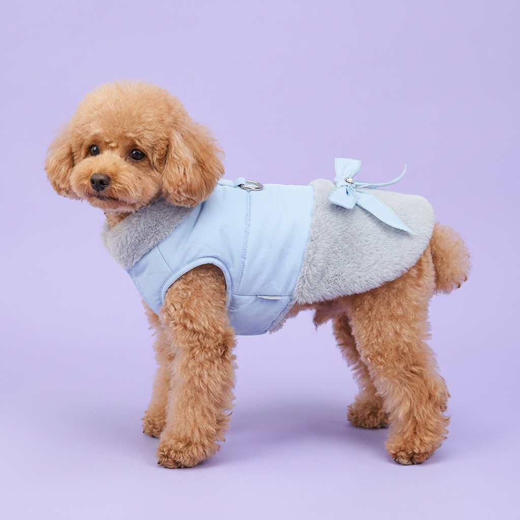 Apricot toy poodle wearing the blue and gray sleeveless coat on lavender