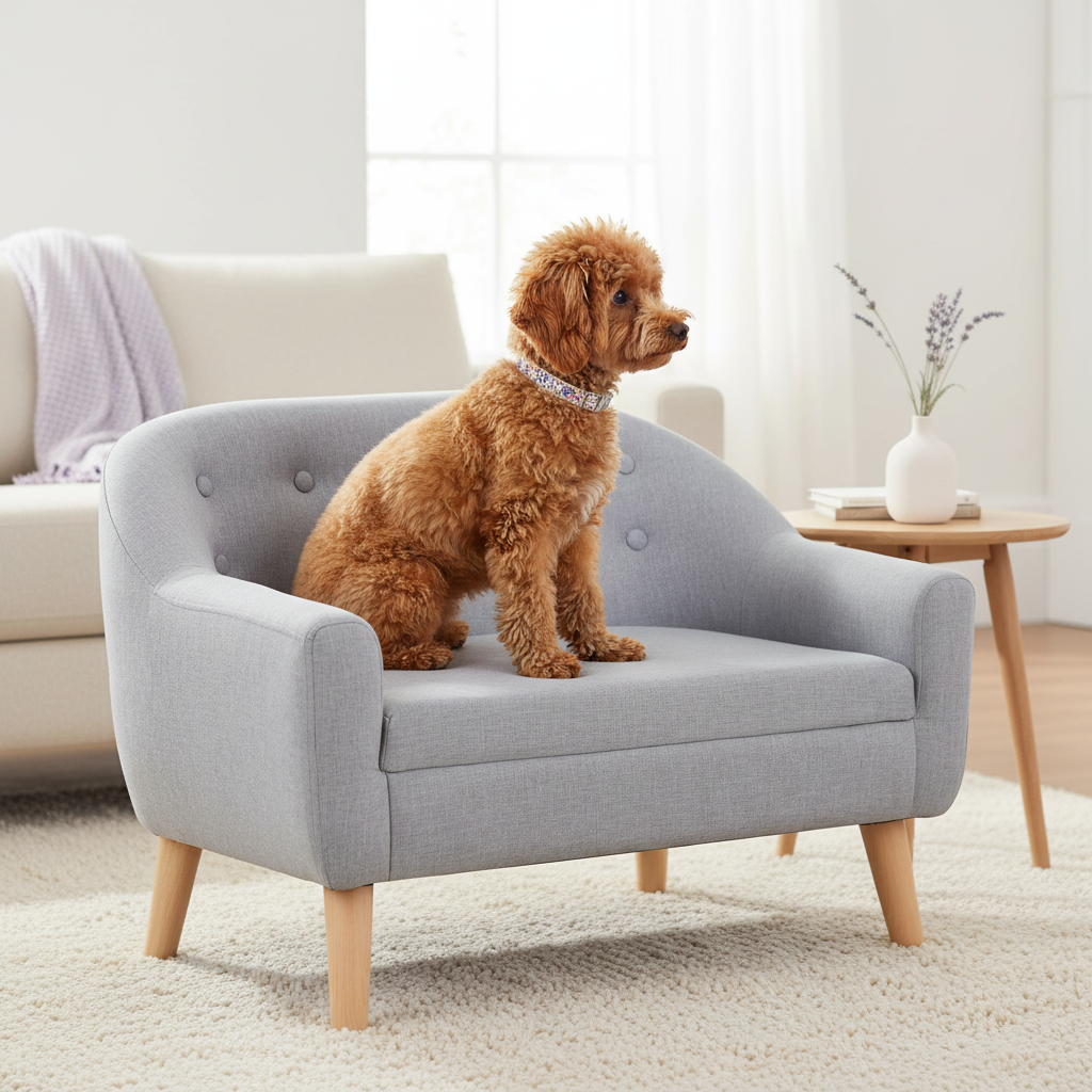Apricot Toy Poodle wearing the collar on the gray chair