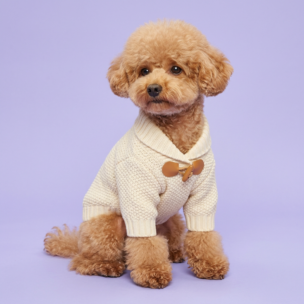 Apricot toy poodle wearing the cream knitted sweater on lavender
