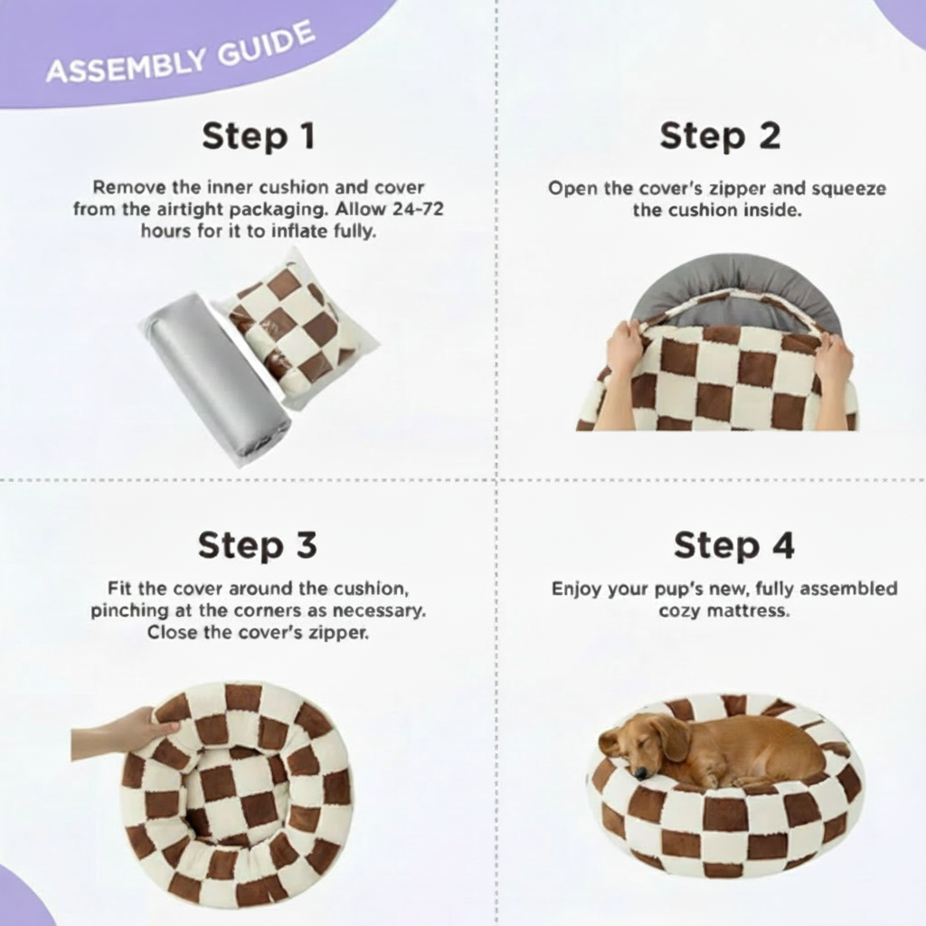 Assembly guide infographic for a brown and cream checkered round donut pet bed with a lavender banner header, showing four steps: Step 1 — remove inner cushion and cover from airtight packaging and allow 24–72 hours to inflate fully; Step 2 — open the cover's zipper and squeeze the cushion inside; Step 3 — fit the cover around the cushion, pinching at the corners, and close the zipper; Step 4 — enjoy your pup's new fully assembled cozy mattress, with a Dachshund sleeping in the finished bed
