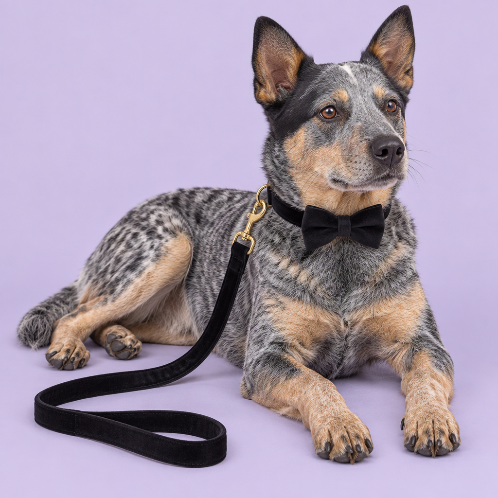 Australian Cattle Dog reclining with black bow collar and leash