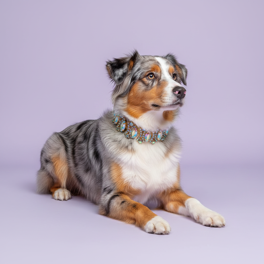 Amber-eyed blue merle Australian Shepherd lying down with front paws extended and gazing to the side wearing a silver AB crystal rhinestone collar with iridescent aurora borealis oval gem embellishments, luxury AB crystal dog collar for large breeds on solid lavender background