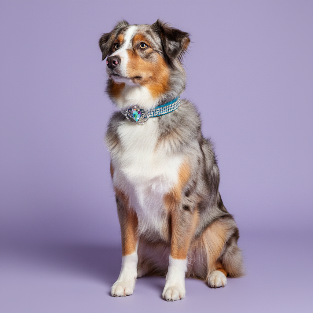 Amber-eyed blue merle Australian Shepherd sitting tall and gazing to the side wearing a light blue rhinestone collar with a silver crown centerpiece featuring an iridescent AB heart crystal, luxury crown heart crystal dog collar for large breeds on solid lavender background