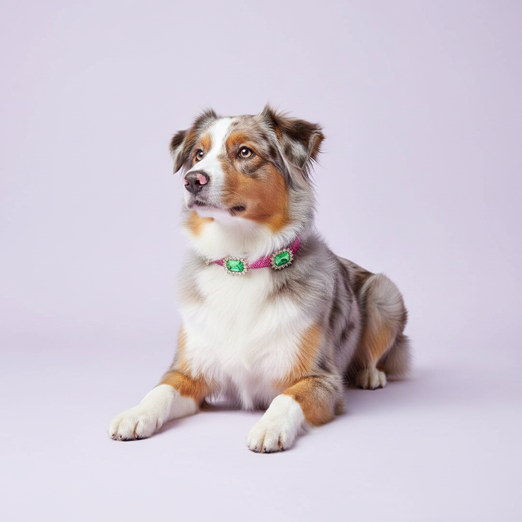 Brown-eyed blue merle Australian Shepherd lying down with front paws extended and gazing upward wearing a magenta pink rhinestone collar with multiple rhinestone-framed emerald green rectangular crystal embellishments, luxury sparkle emerald gem dog collar for large breeds on solid lavender background