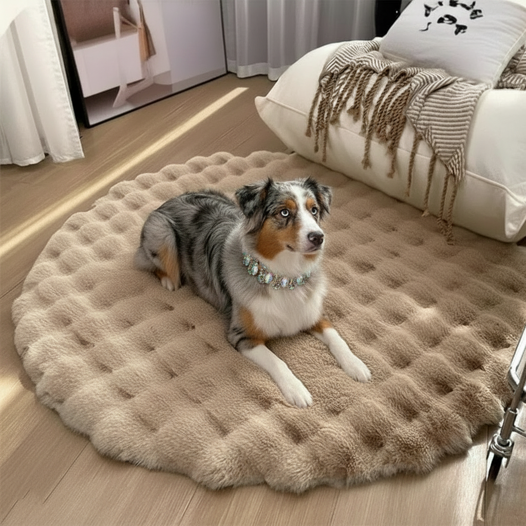 Australian Shepherd on Caramel Rug Clean Corners