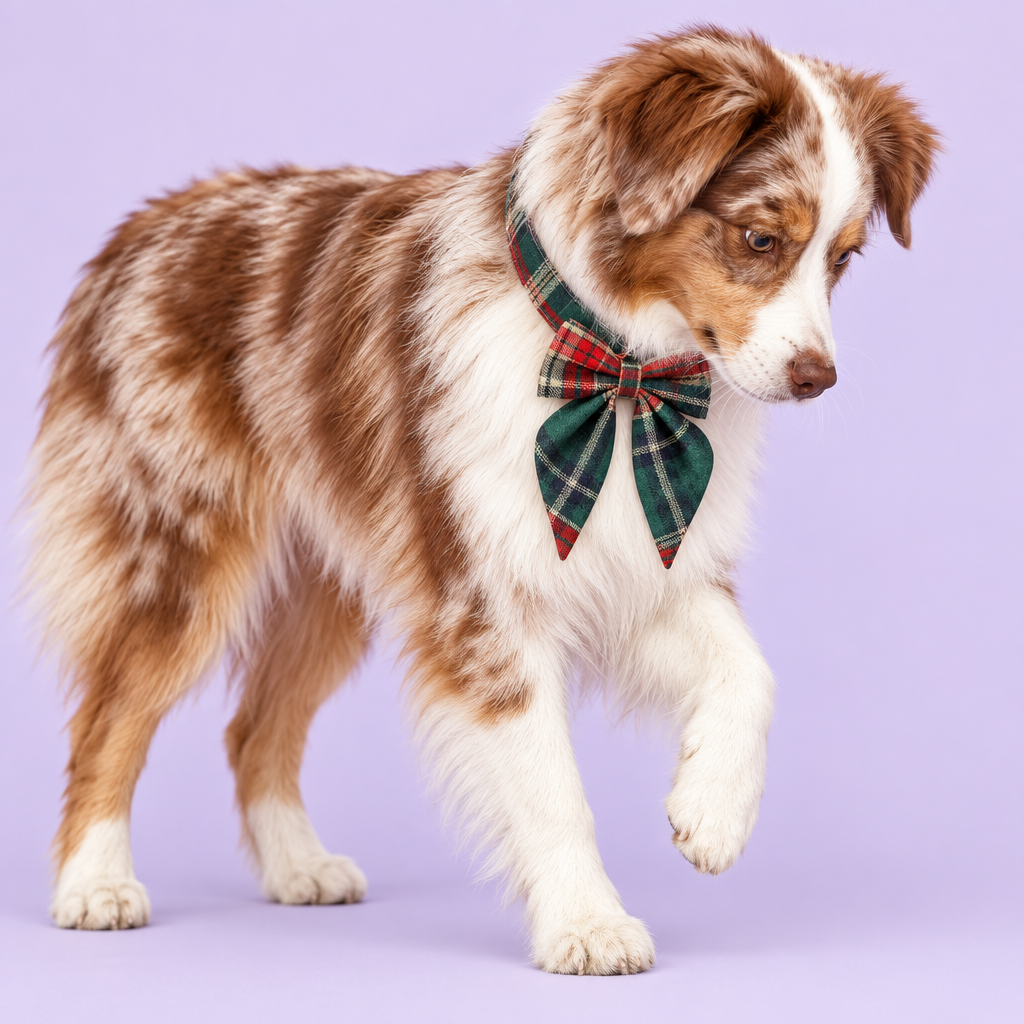 Australian shepherd stepping in long-tail plaid bow collar