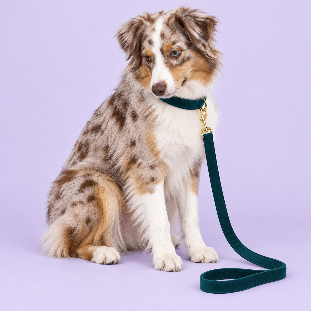 Australian Shepherd with plain teal velvet collar and leash