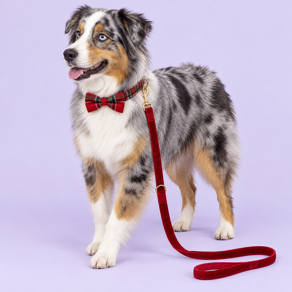 Australian shepherd with tartan collar and red velvet leash