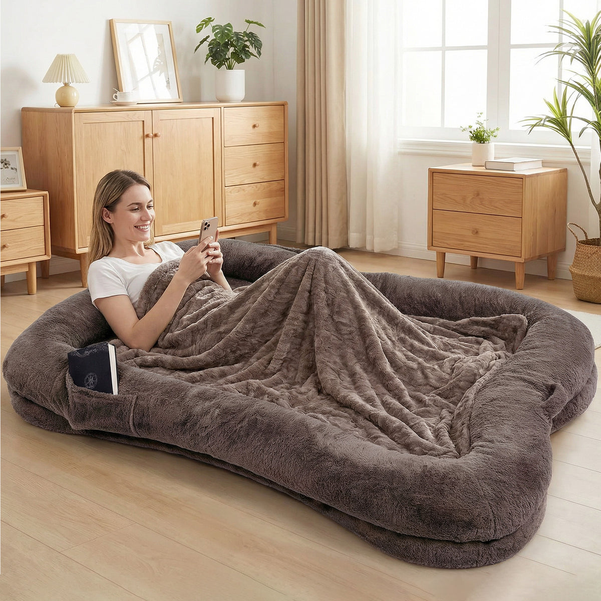Woman relaxing with phone and blanket on an oversized brown plush human-sized dog bed with bone-shaped bolster sides and side pocket in a modern living room