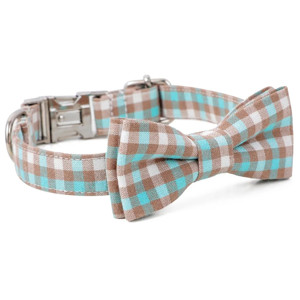 Light Blue, Tan & White Plaid Dog Collar with Removable Bow Tie