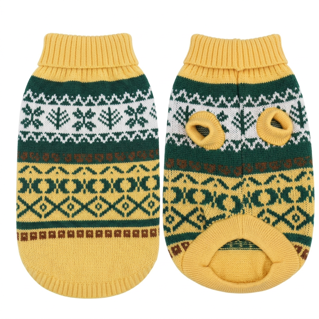 Back and underside sweater views recolored to the yellow, green, white, and brown colorway