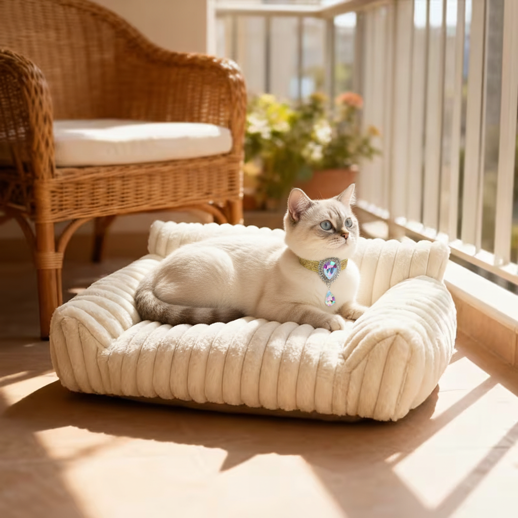 White Siamese cat wearing a gold and blue crystal pendant collar lounging on a cream ribbed channel-tufted plush pet sofa bed on a sunny balcony with a wicker chair and potted flowers in the background