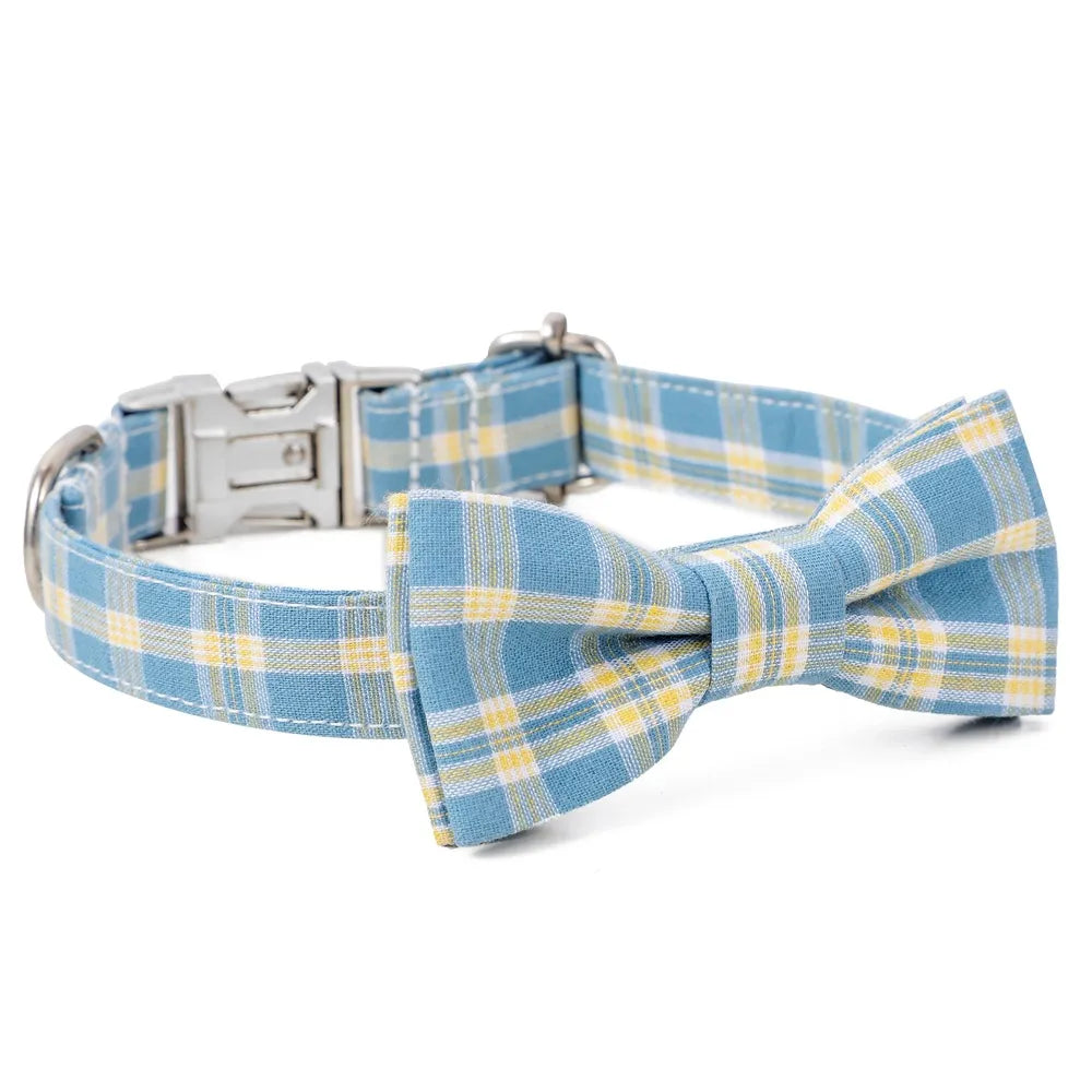 Light Blue & Yellow Plaid Dog Collar with Removable Bow Tie