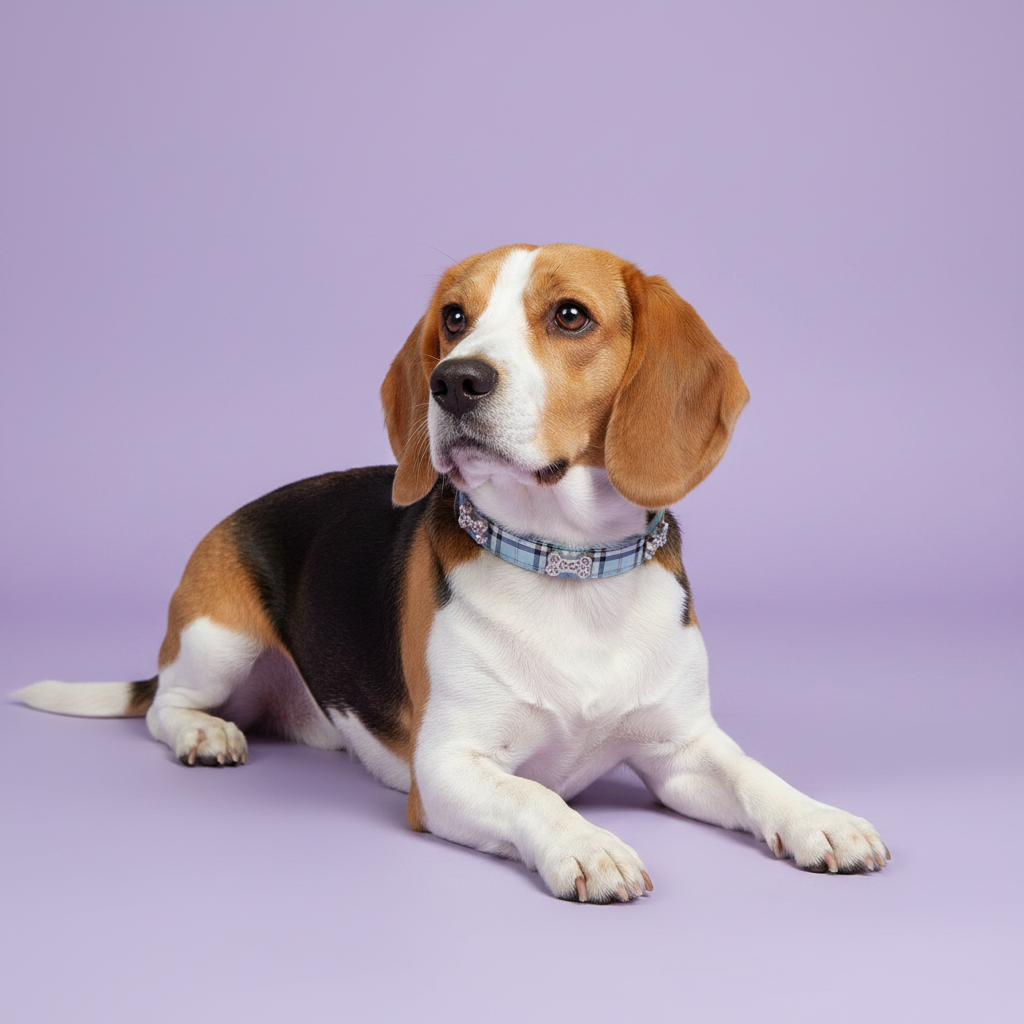 Beagle lounging with paws extended and gazing upward wearing a blue plaid rhinestone dog collar