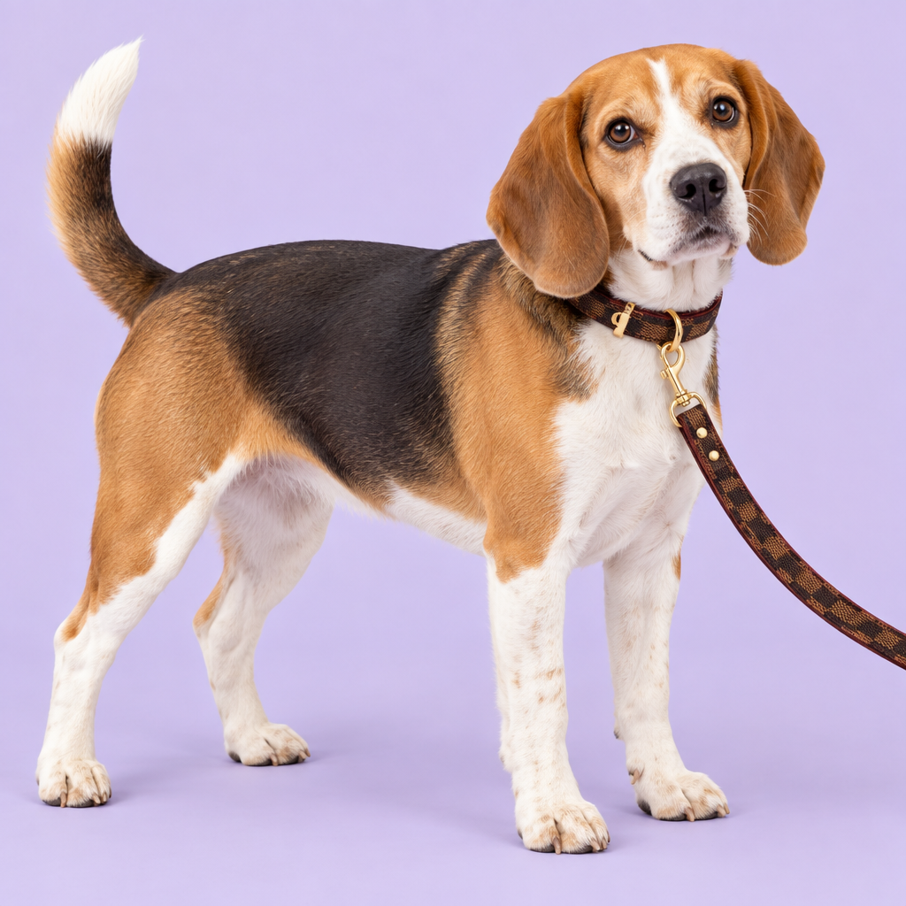 Beagle in the brown checkered collar and leash