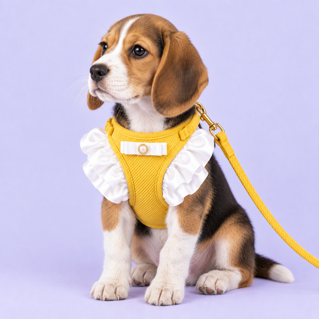 Beagle in yellow harness with front ruffles