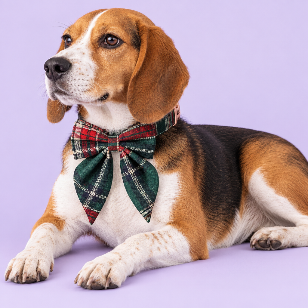Beagle lounging in long-tail plaid bow collar