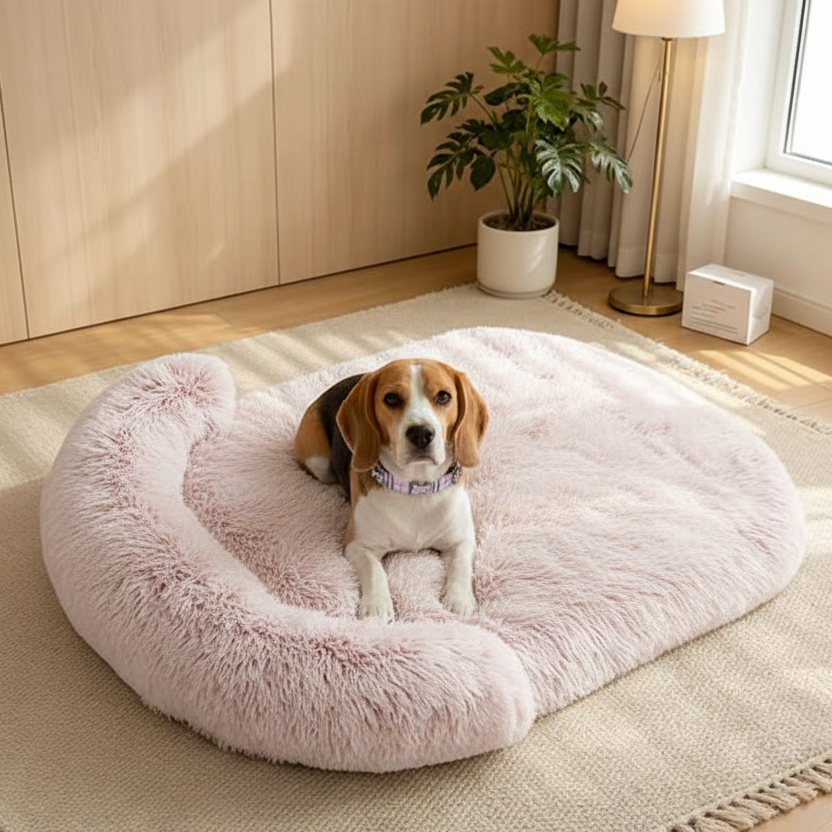 Beagle wearing a pink collar lying on a large blush pink long shaggy faux fur oval donut pet bed placed on a cream woven area rug on light oak hardwood floors, with a warm modern living room backdrop featuring wood panel walls, a large monstera plant in a white pot, a gold floor lamp, and a bright window with cream curtains