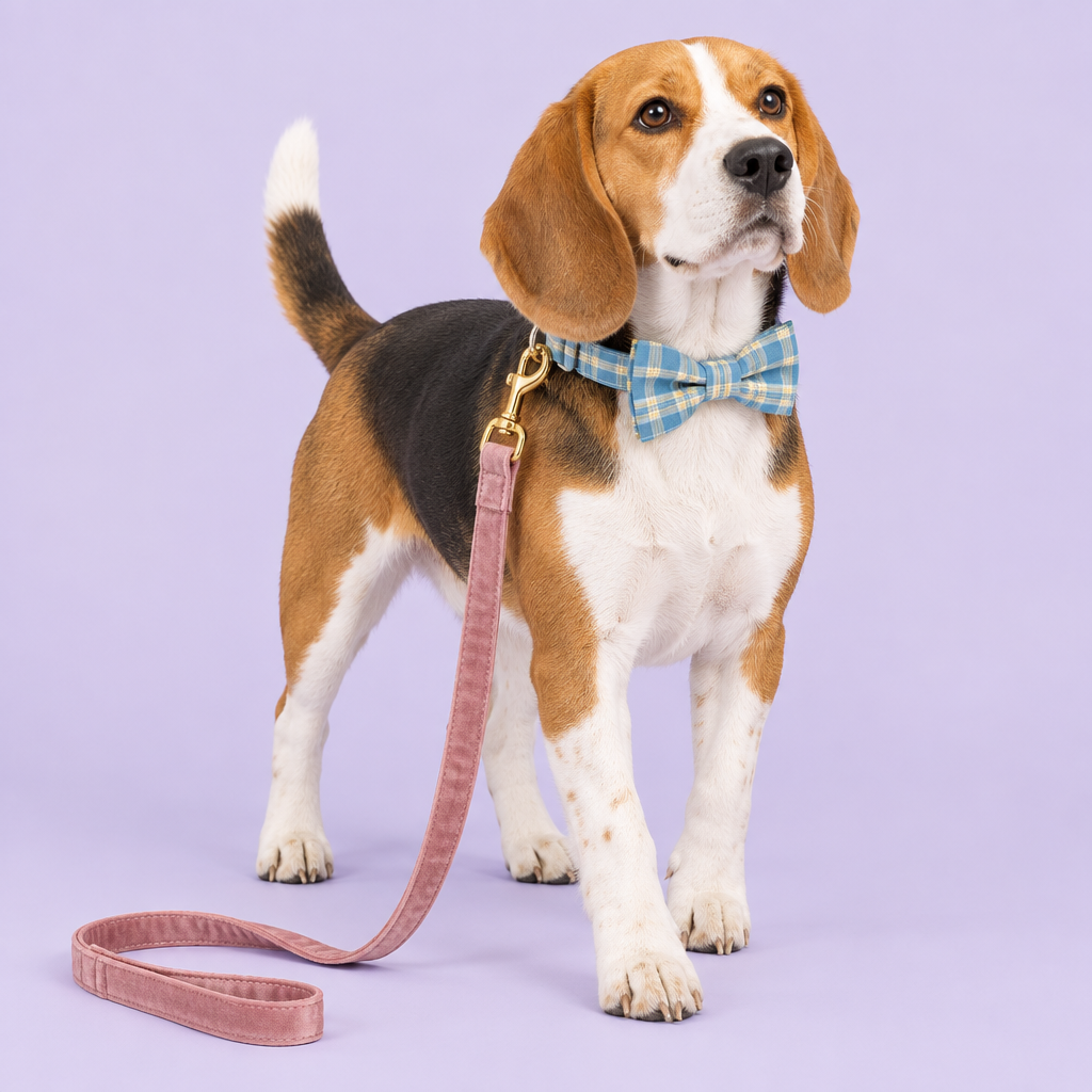 Beagle with blue plaid bow collar and pink velvet leash