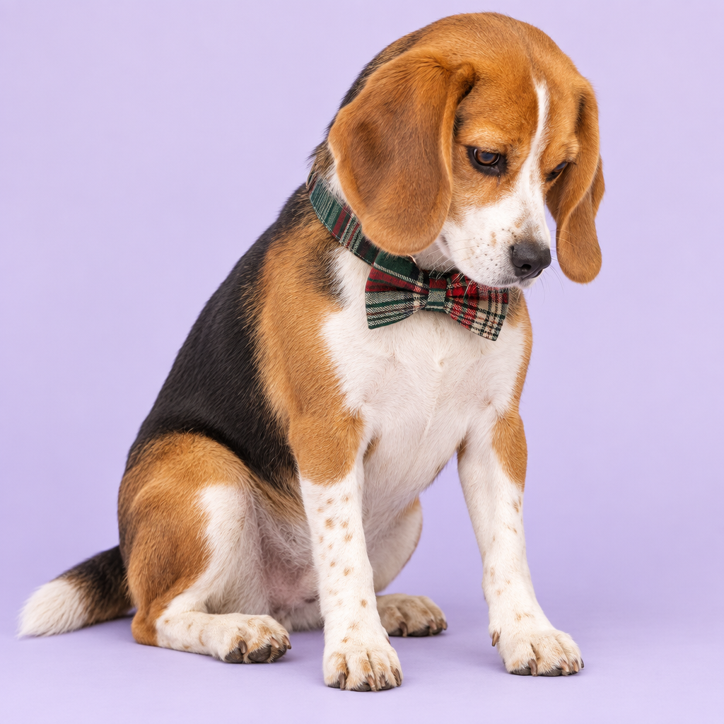 Beagle with plaid bow collar
