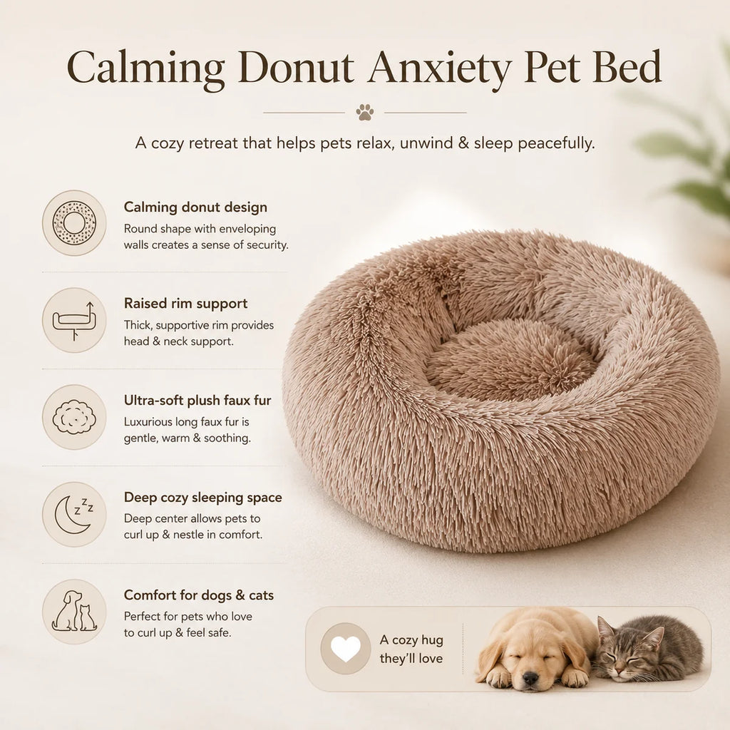 A plush donut-shaped pet bed in a warm taupe-brown faux fur material, shown on a light beige background with marketing text and small dog and cat photos. The image functions as an informational product graphic rather than a plain studio product shot.