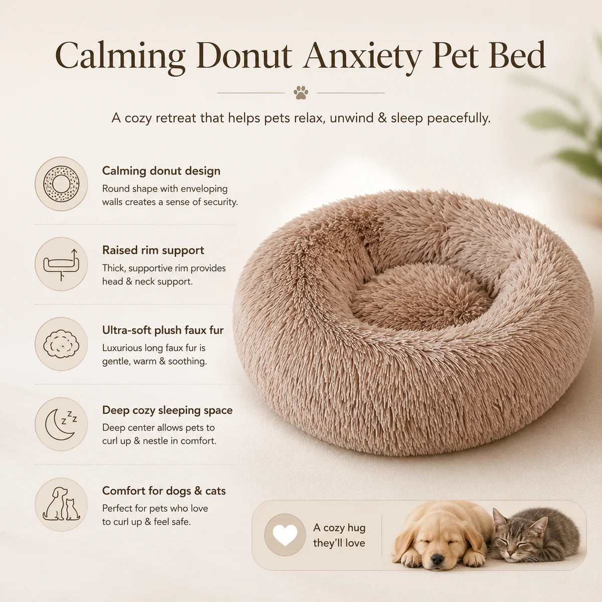 A plush donut-shaped pet bed in a warm taupe-brown faux fur material, shown on a light beige background with marketing text and small dog and cat photos. The image functions as an informational product graphic rather than a plain studio product shot.