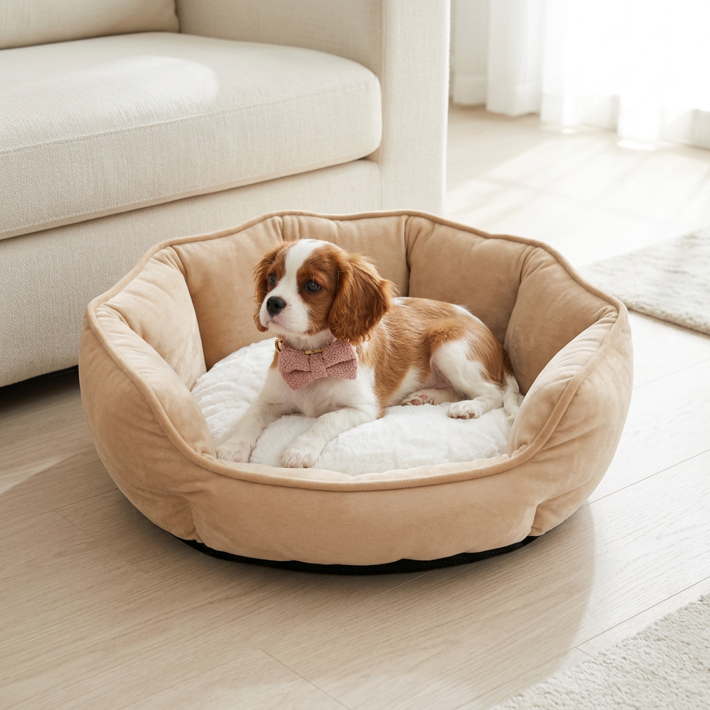 Beige bed retry with a Cavalier puppy wearing your pink teddy fleece bow collar