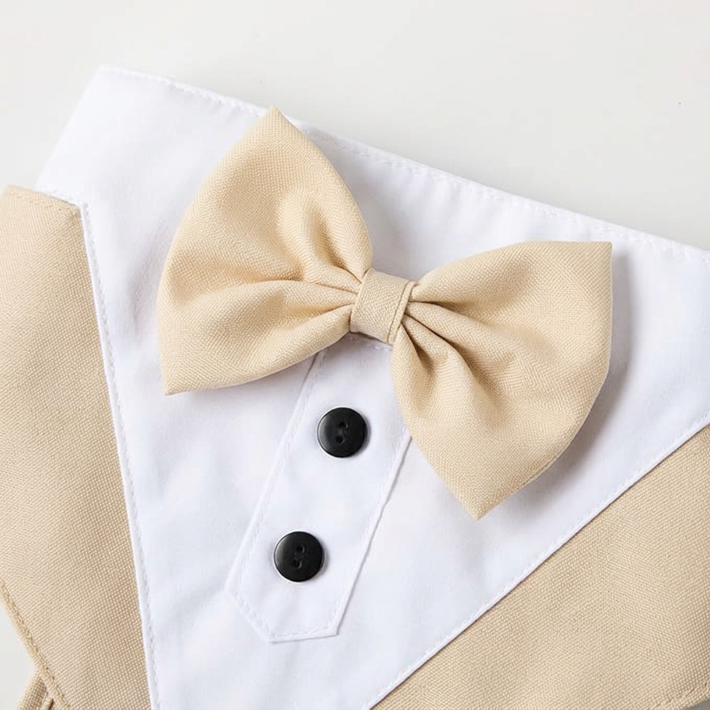 Beige bow tie and lapel close-up