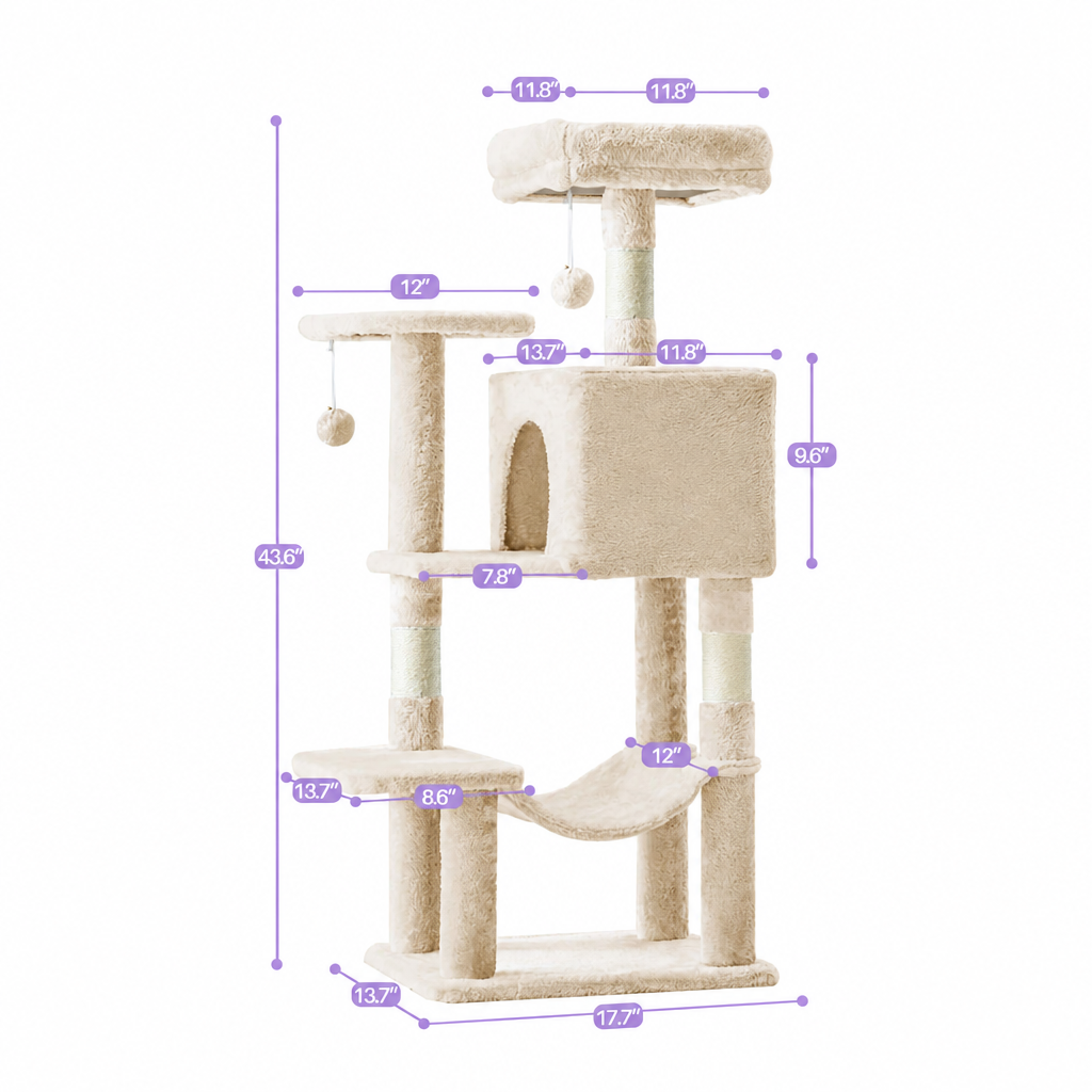 Beige cat tree dimensions chart with lavender measurement labels