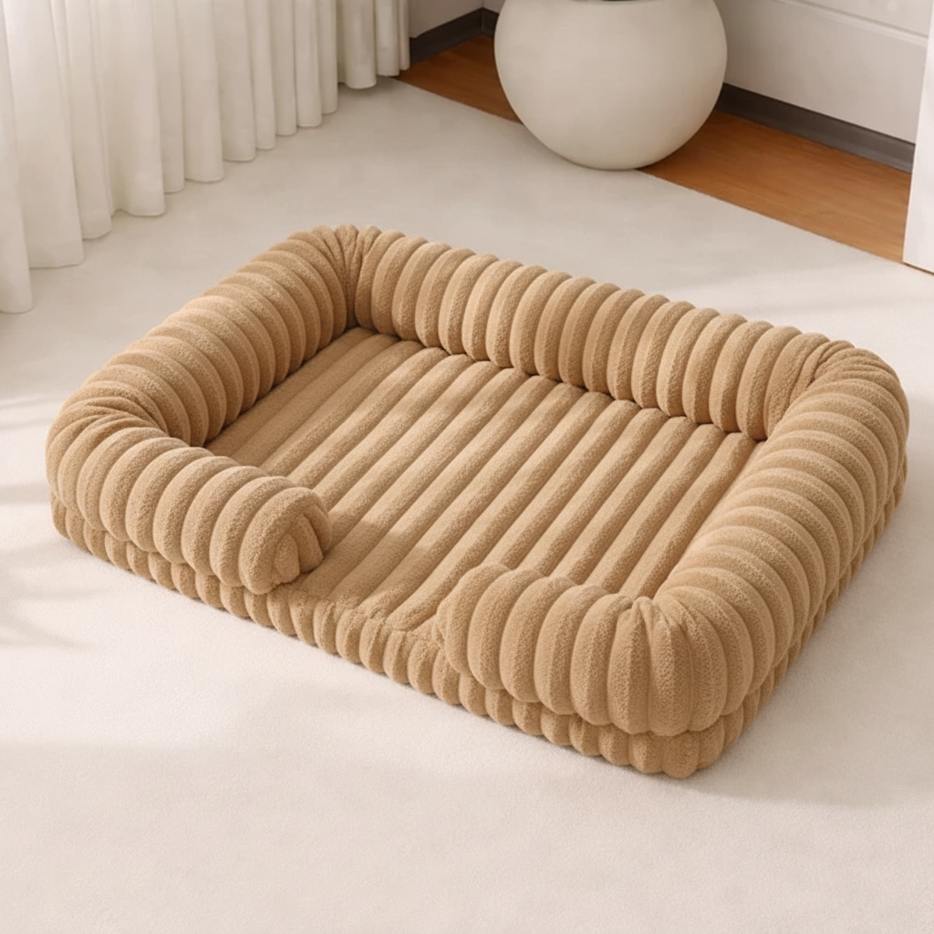 Beige chunky corduroy pet bed with a low front entry on a cream floor in a minimal, light-filled room with sheer curtains and a white sphere ornament in the background.