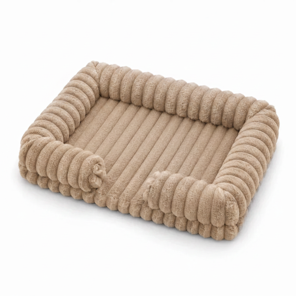 Beige/sand ribbed corduroy rectangular pet sofa bed with raised bolster sides, shown at a 3/4 angle on a white background