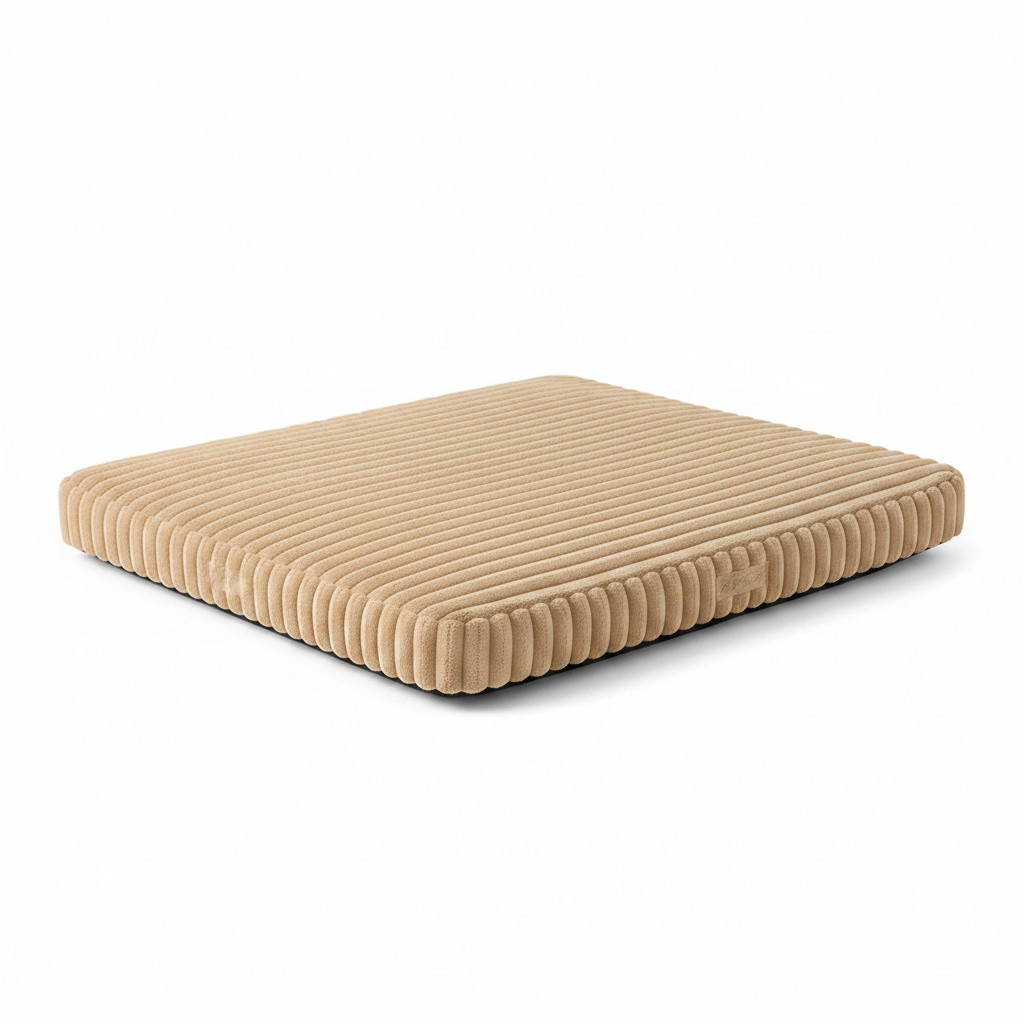 Beige chunky corduroy rectangular pet mat with ribbed texture and rounded corners, photographed on a white background.