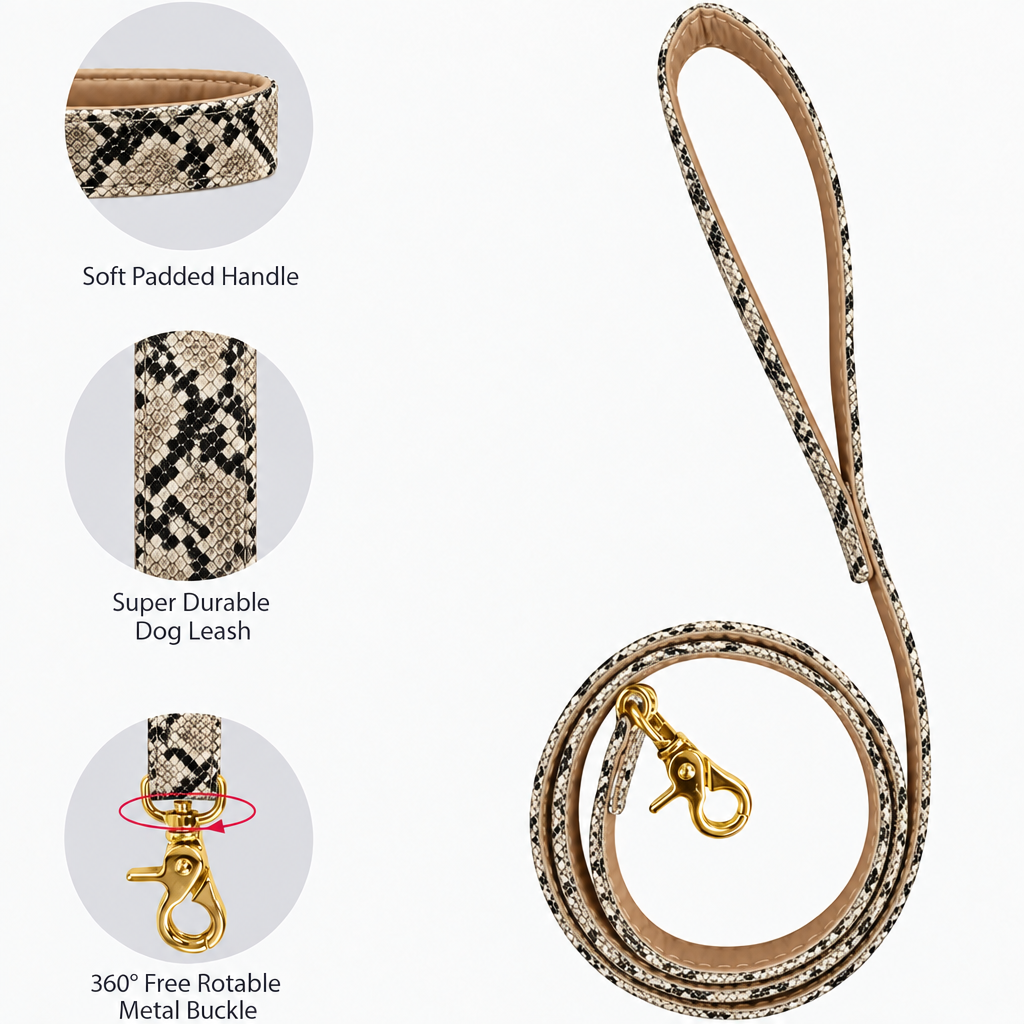 Beige snakeskin leash feature graphic