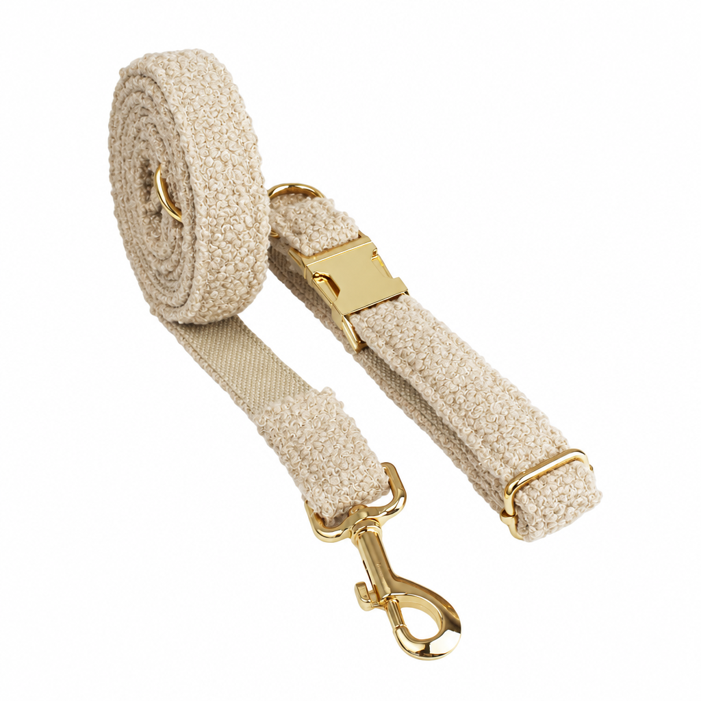 Beige teddy fleece collar and leash with gold hardware