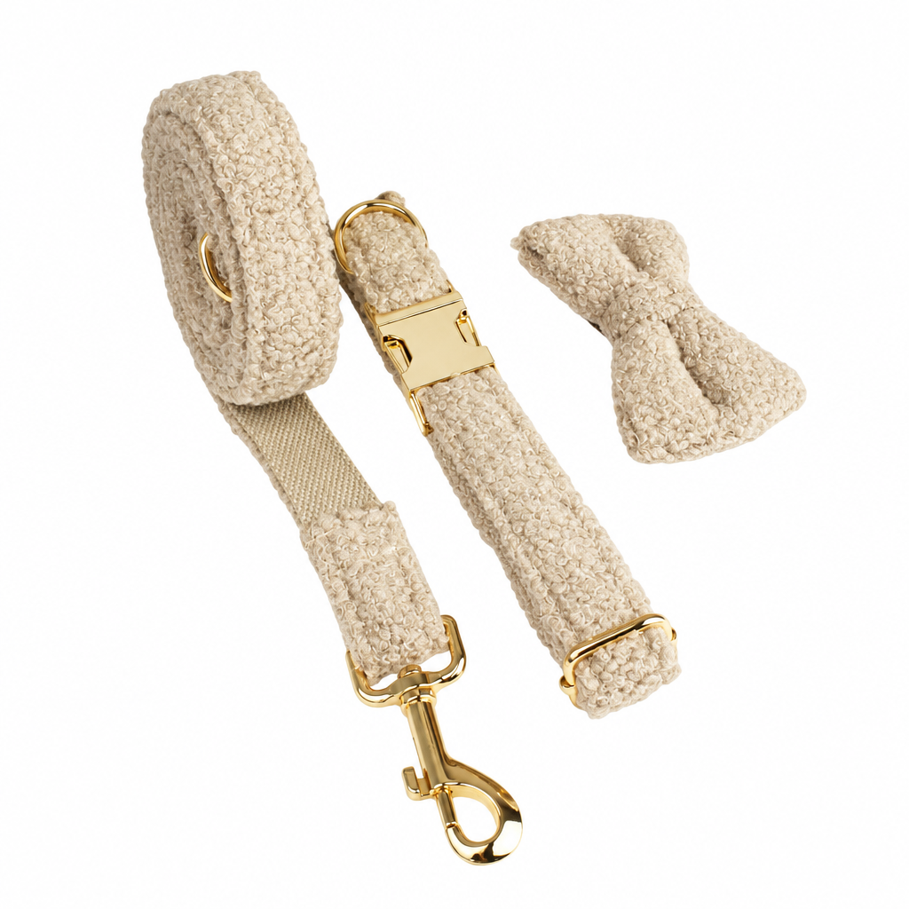 Beige teddy fleece collar, leash and separate bow