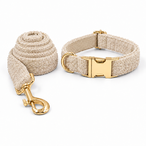Beige teddy fleece set with coiled leash on the left and collar on the right